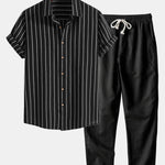 Cotton Blend Striped Button Up Shirt & Straight Leg Linen Pants