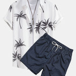 Palm Tree Print Button Up Shirt & Striped Print Swim Shorts