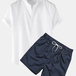 Linen Look Short Sleeve Shirt & Striped Print Swim Shorts