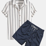 Cotton Blend Striped Cuban Shirt & Striped Print Swim Shorts