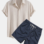 Linen Rayon Blend Button Up Shirt & Striped Print Swim Shorts