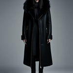 Women Fur Trim Warm Lined Hooded Eco Leather Trench Coat