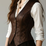 Retro Waist-cinched Button Down Leather Waistcoat