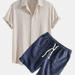 Linen Rayon Blend Button Up Shirt & Linen Cotton Blend Drawstring Shorts