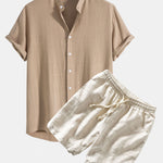 Linen And Rayon Blend Stand Collar Shirt & Linen Cotton Blend Drawstring Striped Shorts