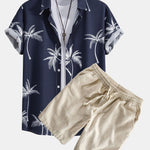 Palm Tree Print Button Up Shirt & Linen Cotton Blend Drawstring Shorts