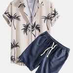 Palm Tree Print Button Up Shirt & Linen Cotton Blend Drawstring Shorts