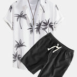 Palm Tree Print Button Up Shirt & Linen Cotton Blend Drawstring Shorts