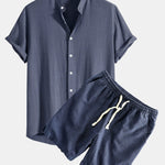 Linen And Rayon Blend Stand Collar Shirt & Linen Cotton Blend Drawstring Shorts