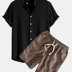 Linen And Rayon Blend Stand Collar Shirt & Linen Cotton Blend Drawstring Shorts