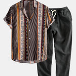 Elephant Geometric Print Shirt & Linen Cotton Blend Cropped Pants