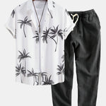Palm Tree Print Button Up Shirt & Linen Cotton Blend Cropped Pants