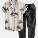 Palm Tree Print Button Up Shirt & Linen Cotton Blend Cropped Pants