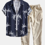 Palm Tree Print Button Up Shirt & Linen Cotton Blend Cropped Pants