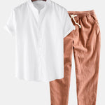 Linen Look Short Sleeve Stand Collar Shirt & Linen Cotton Blend Cropped Pants