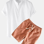 Linen Look Short Sleeve Stand Collar Shirt & Linen Cotton Blend Drawstring Shorts