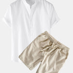 Linen Look Short Sleeve Stand Collar Shirt & Linen Cotton Blend Drawstring Shorts