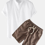 Linen Look Short Sleeve Stand Collar Shirt & Linen Cotton Blend Drawstring Shorts