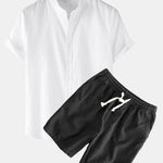 Linen Look Short Sleeve Stand Collar Shirt & Linen Cotton Blend Drawstring Shorts