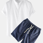 Linen Look Short Sleeve Stand Collar Shirt & Linen Cotton Blend Drawstring Shorts