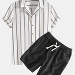 Cotton Blend Striped Cuban Shirt & Linen Cotton Blend Drawstring Shorts