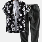 Tropical Floral Print Button Up Shirt & Linen Cotton Blend Cropped Pants