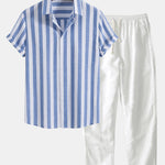 Striped Cotton Blend Button Up Shirt & Straight Leg Linen Pants
