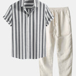 Striped Cotton Blend Button Up Shirt & Straight Leg Linen Pants