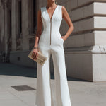 Sleeveless Deep V-Neck Tailored Wide-Leg Jumpsuit