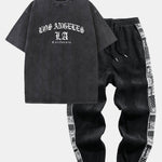 Gothic Los Angeles Print Washed Distressed Drop Shoulder T-Shirt & Corduroy Paisley Print Panel Pants