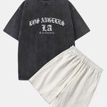 Gothic Los Angeles Print Washed Distressed Drop Shoulder T-Shirt & Jersey Shorts