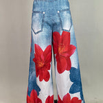 Loose Wide Leg Flower Print Jean Pants Bottoms Trousers