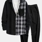 Plaid Corduroy Patchwork Button Up Shirt & Corduroy Jogger Pants