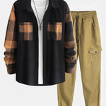 Plaid Corduroy Panel Shirt & Chino Cargo Jogger Pants