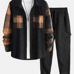 Plaid Corduroy Panel Shirt & Chino Cargo Jogger Pants