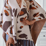 Fashionable Leopard Print Contrast Tassel Hem Loose Knitted Shawl