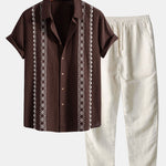 Geometric Print Linen Look Shirt & Straight Leg Linen Pants