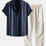 Geometric Print Linen Look Shirt & Straight Leg Linen Pants