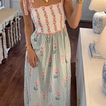 Margovil Tie Shoulder Back Lace-up Striped Floral Maxi Cami Dress
