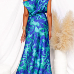 One Shoulder Tie Waist Slit Floral Print Maxi Dress
