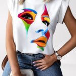 Cap Sleeve Loose Multi-Colored Printed High-Neck T-Shirts Tops