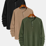 3 Pieces Long Sleeve Arc Hem Waffle Henley Shirt