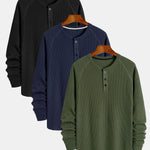 3 Pieces Long Sleeve Arc Hem Waffle Henley Shirt