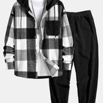Relax Fit Flannel Plaid Corduroy Patchwork Hooded Shirt & Corduroy Jogger Pants