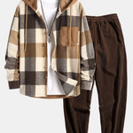 Relax Fit Flannel Plaid Corduroy Patchwork Hooded Shirt & Corduroy Jogger Pants