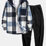 Relax Fit Flannel Plaid Corduroy Patchwork Hooded Shirt & Corduroy Jogger Pants