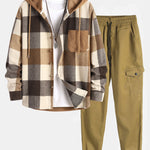 Relax Fit Flannel Plaid Corduroy Patchwork Hooded Shirt & Chino Cargo Jogger Pants