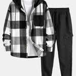 Relax Fit Flannel Plaid Corduroy Patchwork Hooded Shirt & Chino Cargo Jogger Pants