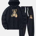 Plaid Pattern Dissolving Bear Print Drop Shoulder Relaxed Hoodie & Jogger Pants