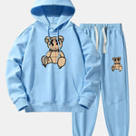 Plaid Pattern Dissolving Bear Print Drop Shoulder Relaxed Hoodie & Jogger Pants